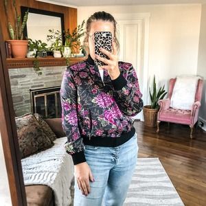 VINTAGE ALLISON TAYLOR | Women's Medium Black Pink Floral Silk Bomber Jacket